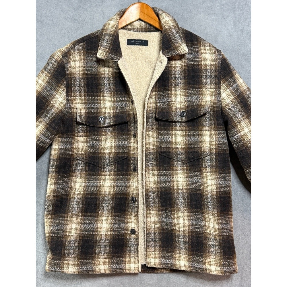 AllSaints Tuleta LS Shacket Sherpa Lined Charcoal/White Plaid Flannel Small